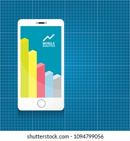 Vector Smartphone with graph and charts on screen isolated on blueprint background. Mobile marketing analytics or big data concept icon. Mobile infographic design template.