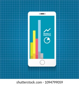 Vector Smartphone with graph and charts on screen isolated on blueprint background. Mobile marketing analytics or big data concept icon. Mobile infographic design template.