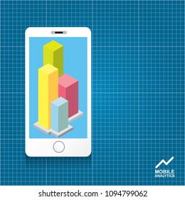Vector Smartphone with graph and charts on screen isolated on blueprint background. Mobile marketing analytics or big data concept icon. Mobile infographic design template.