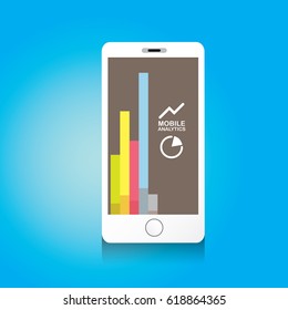 Vector Smartphone with graph and charts on screen isolated on blue background. Mobile analytics or big data concept icon. Mobile infographic design template.