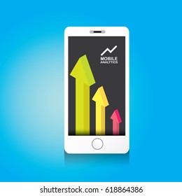 Vector Smartphone with graph and charts on screen isolated on blue background. Mobile analytics or big data concept icon. Mobile infographic design template.