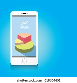 Vector Smartphone with graph and charts on screen isolated on blue background. Mobile analytics or big data concept icon. Mobile infographic design template.
