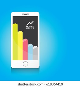 Vector Smartphone with graph and charts on screen isolated on blue background. Mobile analytics or big data concept icon. Mobile infographic design template.