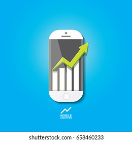 Vector Smartphone with graph and charts on screen isolated on blue background. Mobile marketing  analytics or big data concept icon. Mobile infographic design template.