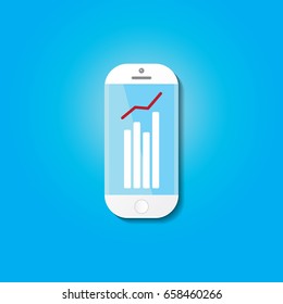Vector Smartphone with graph and charts on screen isolated on blue background. Mobile marketing  analytics or big data concept icon. Mobile infographic design template.