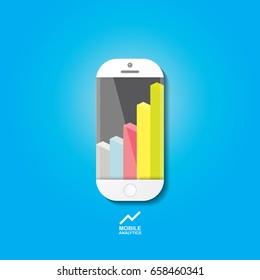 Vector Smartphone with graph and charts on screen isolated on blue background. Mobile marketing  analytics or big data concept icon. Mobile infographic design template.