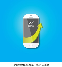 Vector Smartphone with graph and charts on screen isolated on blue background. Mobile marketing  analytics or big data concept icon. Mobile infographic design template.