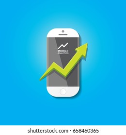 Vector Smartphone with graph and charts on screen isolated on blue background. Mobile marketing  analytics or big data concept icon. Mobile infographic design template.