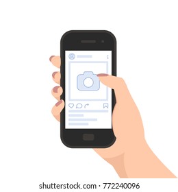 Vector smartphone in the hand of a woman with blank social media post.