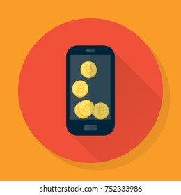 Vector smartphone  icon with bitcoins in flat style