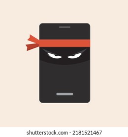 Vector Smartphone Illustration With Ninja Eyes And Red Headband.