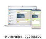Vector smartphone and laptop with messenger application on the screen. Social network concept