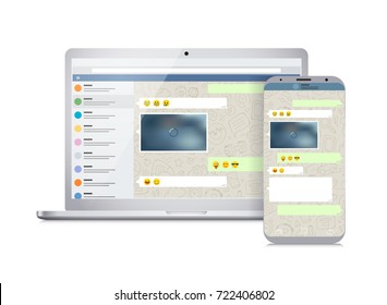 Vector smartphone and laptop with messenger application on the screen. Social network concept