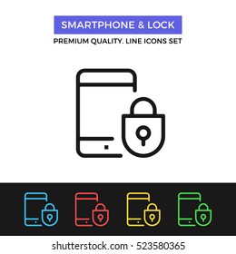 Vector smartphone and lock icon. Mobile security. Premium quality graphic design. Modern signs, outline symbols collection, simple thin line icons set for website, web design, mobile app, infographics