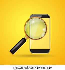 Vector smartphone and magnifying glass