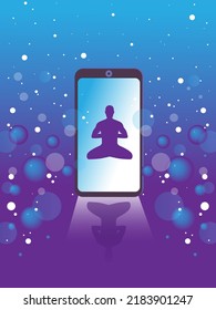 Vector smartphone with meditation man on abstract violet background with stars and spheres. Great element for your design.