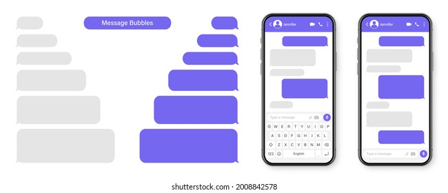 Vector smartphone with messaging app. Blank SMS text frame. Conversation chat screen message bubbles. Social media application