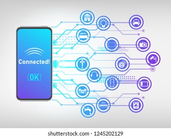 Vector of smartphone or mobile connected with things and control it, internet of things abstract background.