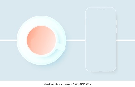 Vector smartphone mockup and cup of coffee. 3d realistic template for app design. Empty screen of mobile device. Mock up with blank display for ui. View from above.