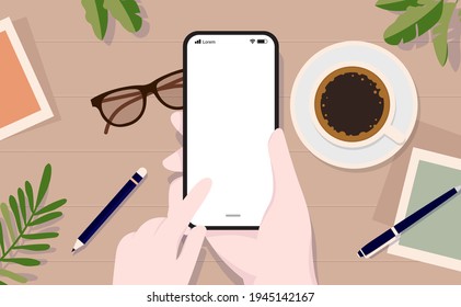 Parodia de Vector para smartphone - Mano usando pantalla táctil en el dispositivo con pantalla en blanco, ángulo de visión superior y tabla en segundo plano.