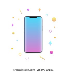 Vector smartphone mockup. Realistic mobile device template with decorative icons. Festive banner