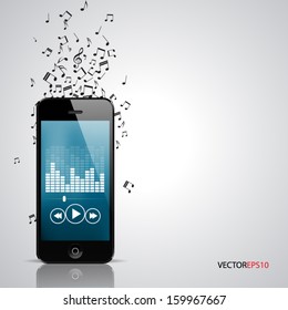 Vector Of Smartphone With Music Player App And Tunes Flying Around.