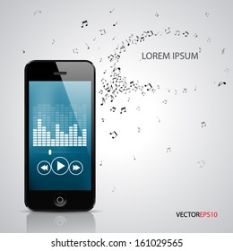 Vector of smartphone with music player app and a place for a message.