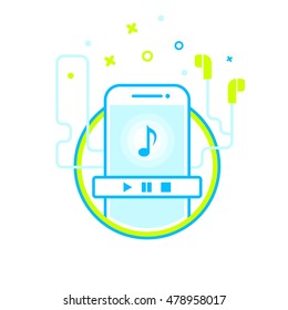 Vector of smartphone with music player app. Listening music with cellphone smartphone and headphone song melody.