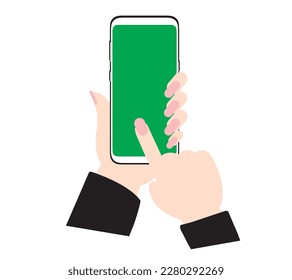 A vector of a smartphone on a business hand with a green screen and space for text.  