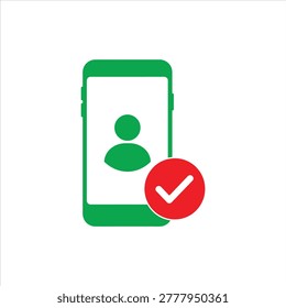 Vector of smartphone with person login account and check mark. Symbol of register now. Icon of new account registration.