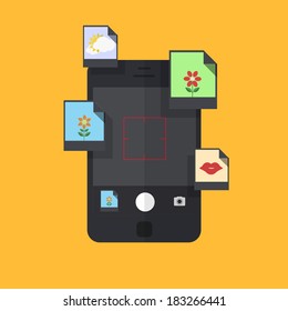 vector smartphone with photo on orange background. Eps10