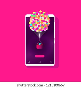 Vector smartphone screen with air balloons and basket flying out of the screen as concept of start, launch or success of team work