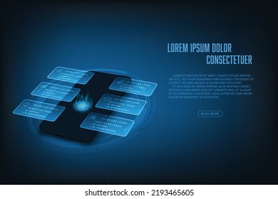 Sicherheitskonzept für Vektorsmart phone. Futuristischer Fingerabdruck auf Touchscreen. Technologie, abstrakter Hintergrund.