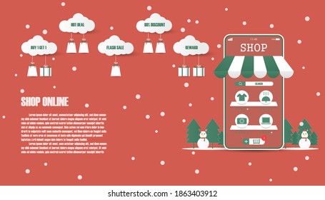 Vector smartphone shopping online with promotions and reward on red Christmas new year festive season background. Use for template or banner.