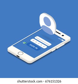 Vector smartphone with sign-up button. isometric