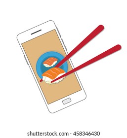 Vector of smartphone and sushi for Ecommerce concept, online shushi delivery