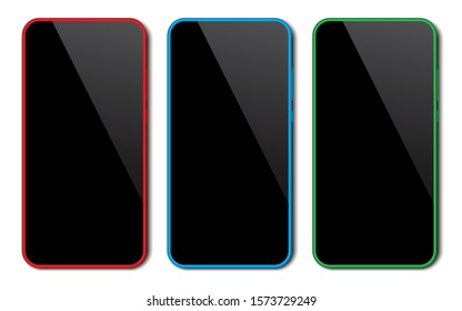 Vector smartphone templates. Colorful cellphones with glossy displays. Realistic mockup.
