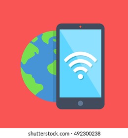Vector smartphone with Wi-Fi icon on screen and planet earth behind. Modern flat design concept