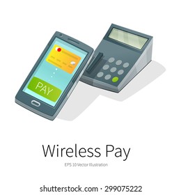Vector smartphone wireless payment illustration. Cashier payment with credit card on mobile phone. Banner and advertisement. Isolated on white background.