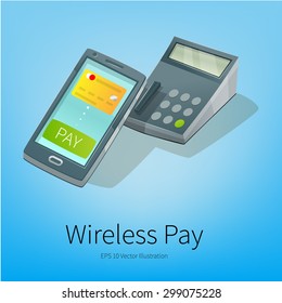 Vector smartphone wireless payment illustration. Cashier payment with credit card on mobile phone. Banner and advertisement.