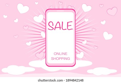 Vector - Smartphone with word "SALE, Online Shopping" on mix hearts and pink background. Business, Digital, Marketing, Technology concept. Valentine's, Mother day.