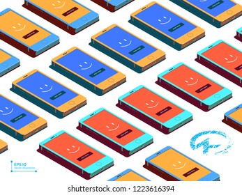 Vector smartphones with menu button. Isometric flat style illustration