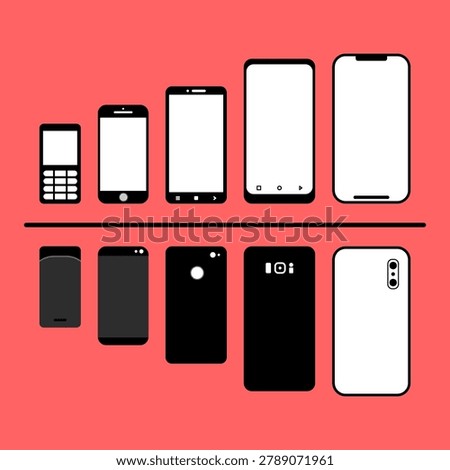 Vector smartphones and old cellphone collection. Front and back view silhouette icon set of various mobile device models with copy space.