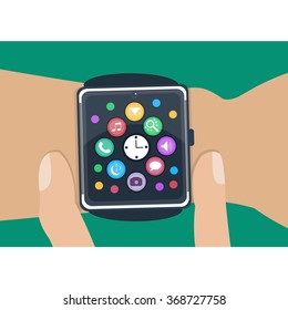 Vector smartwatch. Two fingers holding smart watch case. Smart watch by flat style. Modern technology equipment. Business concept
