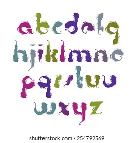 Vector smear hand-painted small letters isolated on white background, cartoon lowercase art script with brushstrokes, bright aquarelle font.