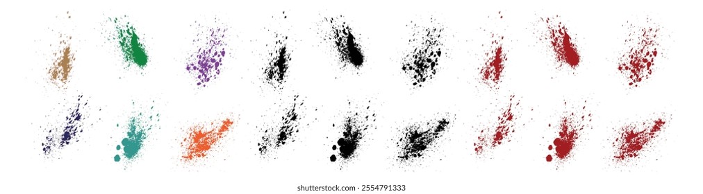 Vector smear set of black, green, red, purple, blue, and pink color hand-drawn grunge texture blood spot background