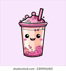 vector smile cute boba milk tea with flat cartoon style illustration