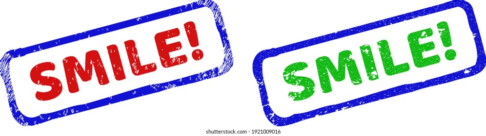 Vector SMILE exclamation. framed imprints with unclean texture. Rough bicolor rectangle seal stamps. Red, blue, green colors used. Flat scratched seal stamps with SMILE exclamation. phrase inside