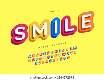 Vector smile font 3d bold typography colorful style for poster, decoration, promotion, book, t shirt, sale banner, printing on fabric. Cool modern typeface. Trendy alphabet. 10 eps