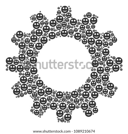 Vector smile icons are arranged into cog illustration. Machinery design concept constructed from smile components.